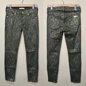 7 For All Mankind Green Lace Print Shimmer Skinny Jeans Size 25